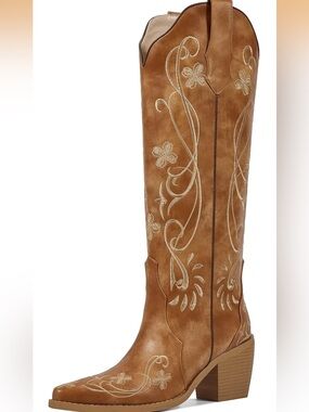 WetKiss Knee High Brown Cowboy Boots With Floral Embroidery.